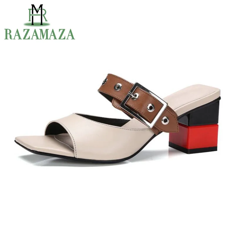 

RAZAMAZA Real Leather Women'S Sandals Fashion Mixed Color Buckle Strap Summer Shoes Women Luxury High Heel Slippers Size 34-39