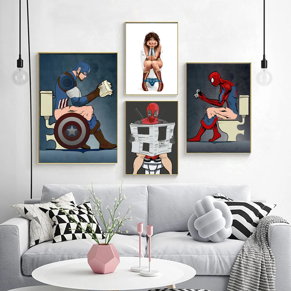 Дэдпул Капитан Америка Бэтмен чудо-женщина настенная живопись на холсте плакаты и принты настенные картины туалетный Декор