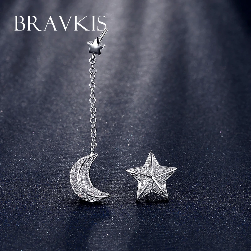 BRAVEKISS cz crystal pendant pending drop ear piercing moon star chain earrings dangle mismatched for women longos BUE0196B - Image 5