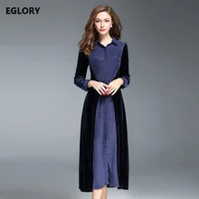 Long Sleeve Dress New Style 2017 Autumn Winter Casual Office Ladies Velour Patchwork Dark Blue Black Long Shirt Dress Robe Femme