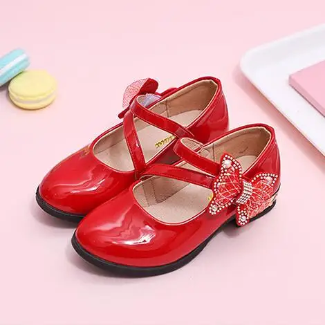 Весенне-осенние вечерние туфли для девочек, свадебные туфли принцессы с бантиком-бабочкой, кожаные туфли для девочек, цвета: черный, красный, розовый, для детей 3-15 лет - Цвет: red