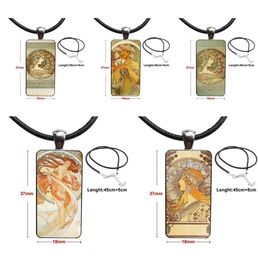 

Art Poster Alphonse Mucha For Girls Stainless Steel Color Glass Cabochon With Rectangle Shaped Pendant Choker Necklace