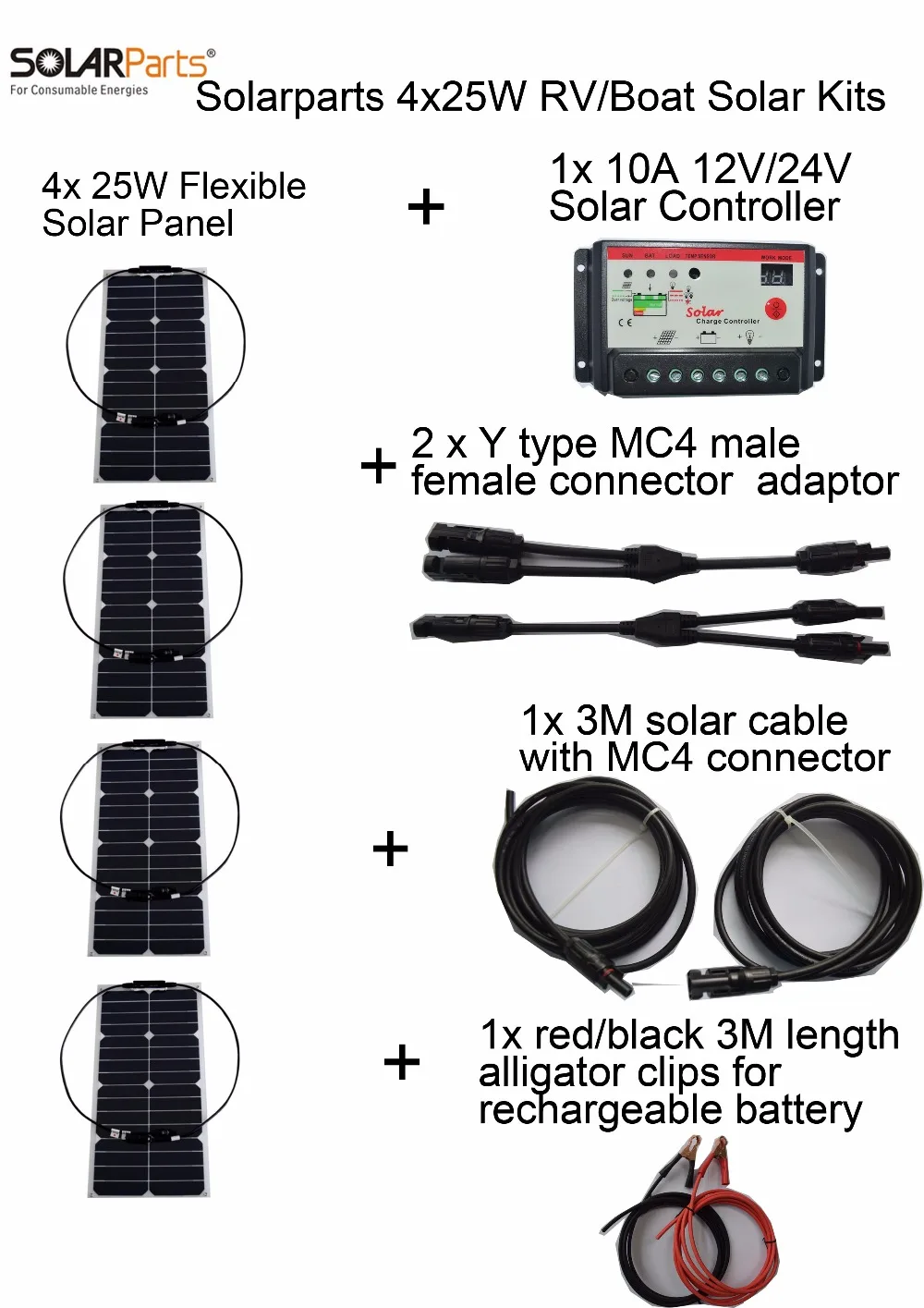 

BOGUANG 4x 25W 100w DIY RV/Boat Kits Solar System flexible solar panel 1x 10A solar controller 1 set 3M MC4 cable 1 set clip