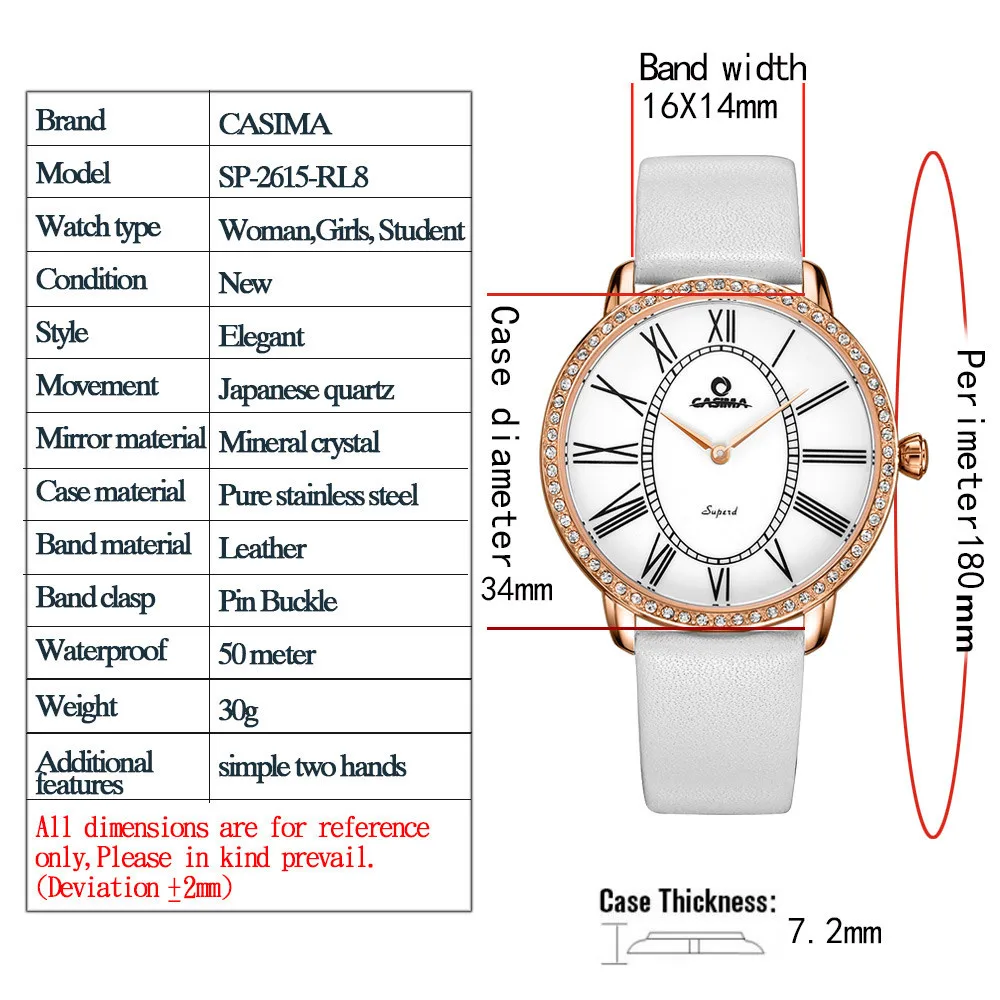 Relogio feminino Элитный бренд Модные Повседневные платья Кристалл женские кварцевые наручные часы белый кожаный ремешок водонепроницаемый CASIMA