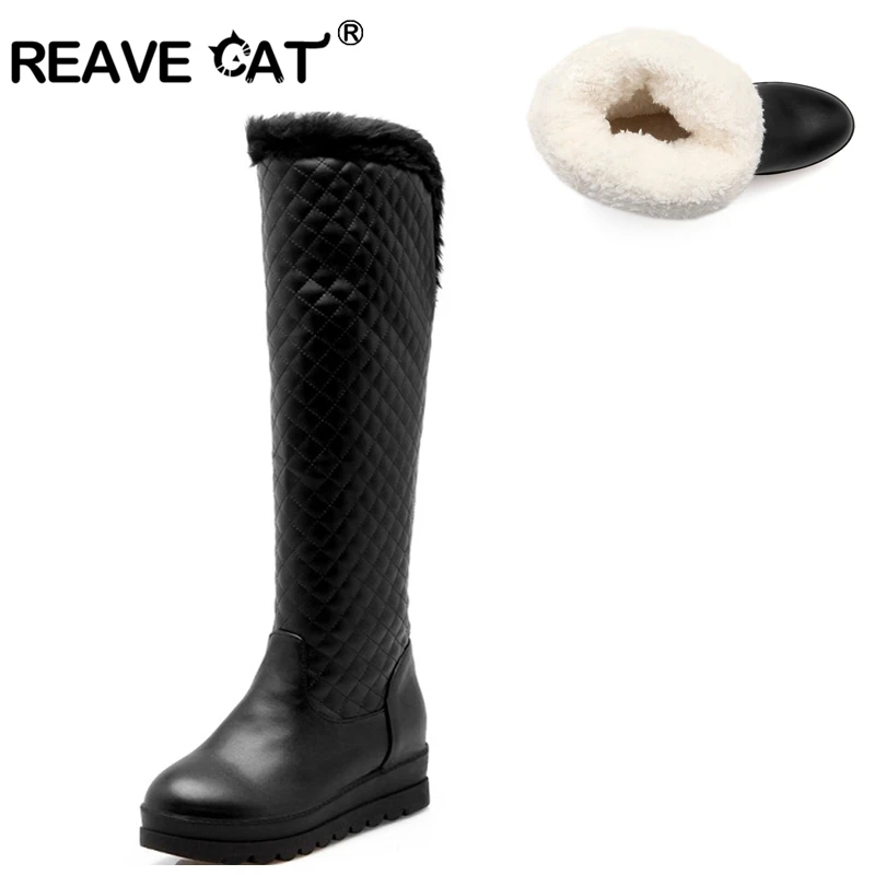 REAVE CAT Snow boots Fashion PU Leather Boots Knee high Boots Thick Fur