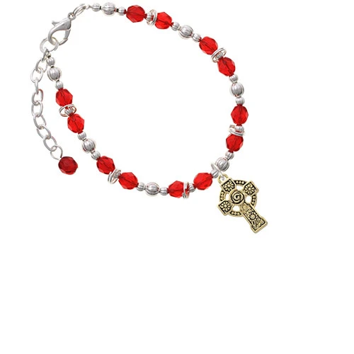 Goldtone Large Celtic Cross Red Beaded Bracelet
