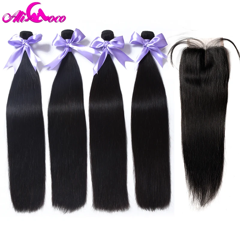 preço Ali Coco 4 Cabelo Liso Brasileira Pacotes Com Fecho de 100% Feixes de Cabelo Humano Com Fechamento Rendas Fechamento 4*4 não Extensão Do Cabelo