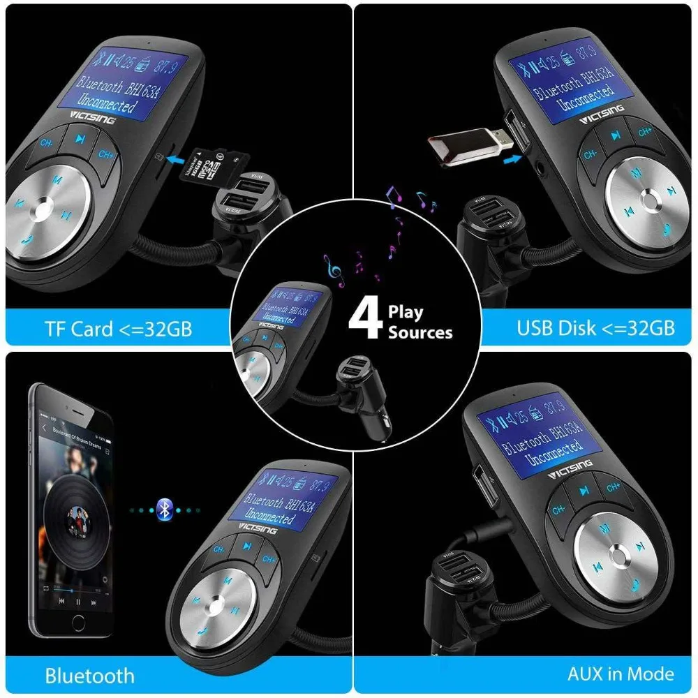VicTsing FM Transmitter Bluetooth Car MP3 Transmitter Music Player AUX TF U-Disk 3-USB Ports Wireless Car Kit Radio Adapter      (7)