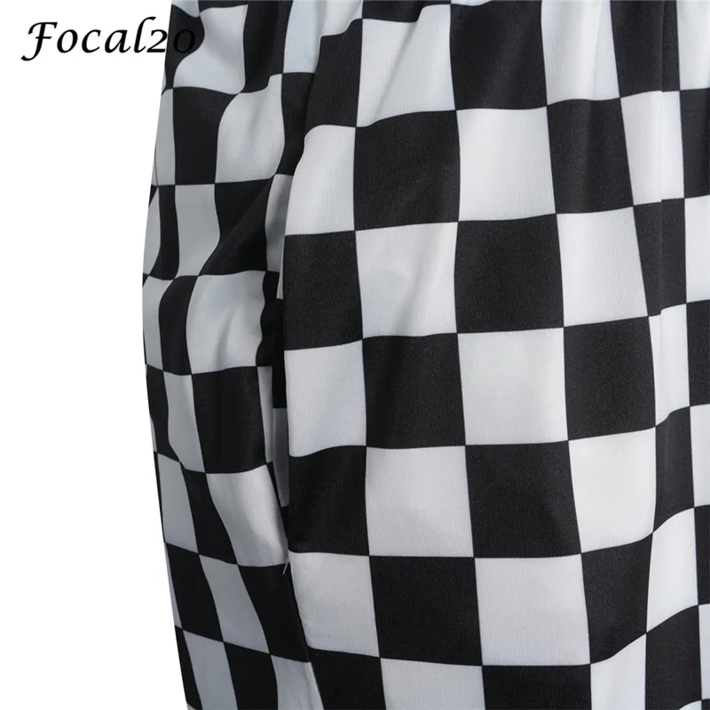 Focal20 уличная плед для женщин брюки для девочек эластичный пояс полной длины клетчатые черные и белые повседневные свободные прямые брюки