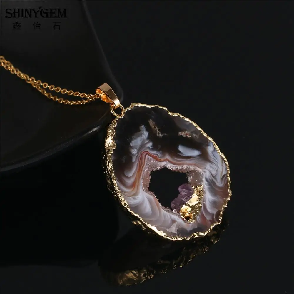 ShinyGem Lucky черная коричневая подвеска-Агат ожерелье скрывающее маленькие золотые аметисты минеральное натуральное драгоценное камень ожерелье s для женщин и мужчин