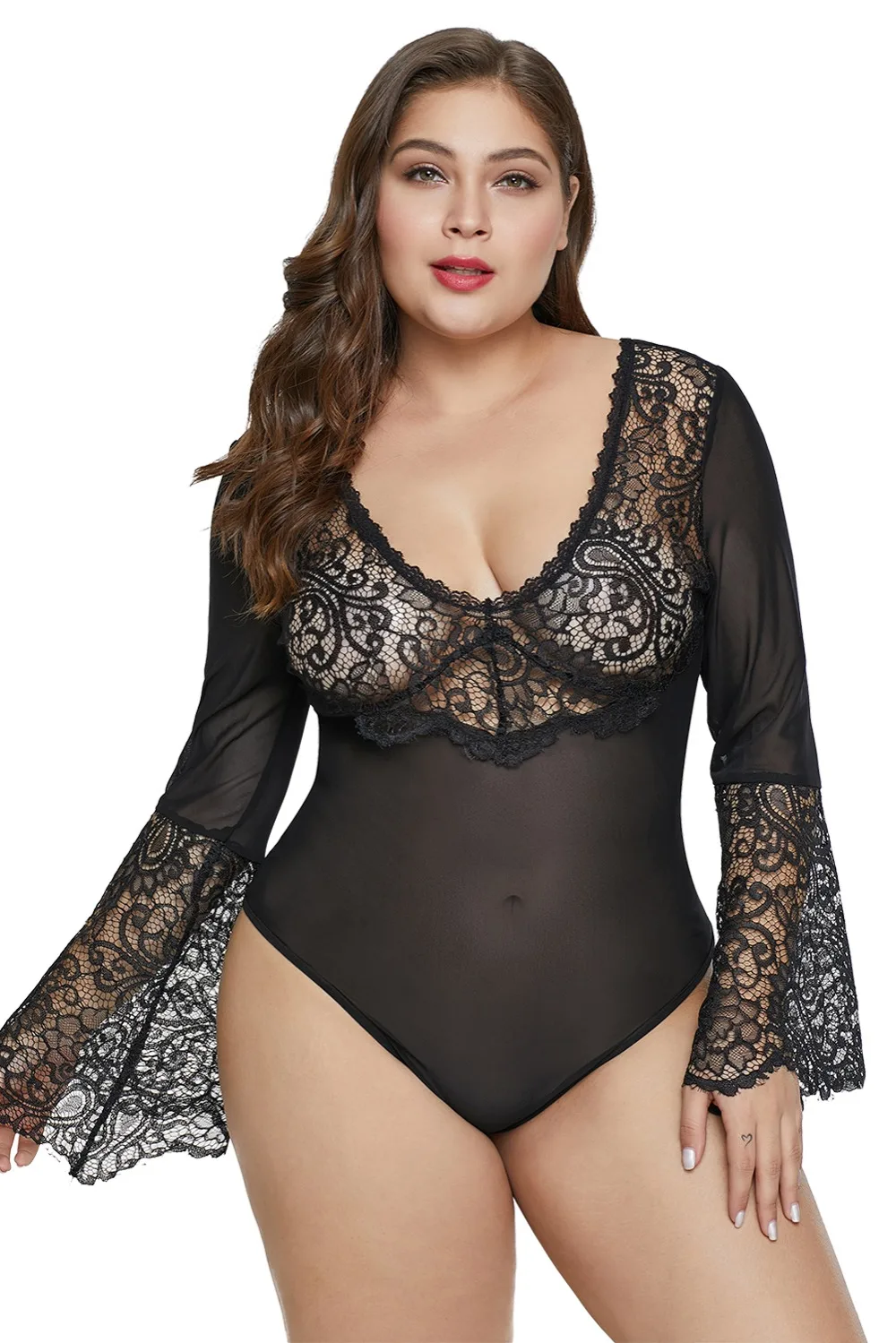 Black-Bell-Sleeve-Lace-Mesh-Plus-Size-Teddy-LC32339-2-4