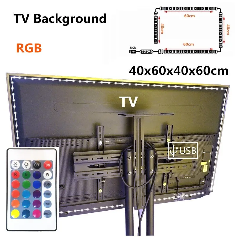 5 в 1 м/2 м/3 м Nowaterproof RGB 2835 SMD светодиодные полосы можно изменить Цвет для ТВ фонового освещения с USB, инфракрасный пульт управления с USB Светодиодная лента - Испускаемый цвет: 60 x 40 x 60 x 40cm