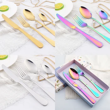 

Hot 4 pcs Rainbow Color Dinnerware High Quality Stainless steel Knife Fork Spoon Cutlery Kitchen Food Tableware Flatware Set