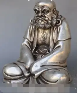 

S0959 8" Chinese Buddhism Silver Seat Arhat Damo Bodhidharma Dharma Buddha Statue