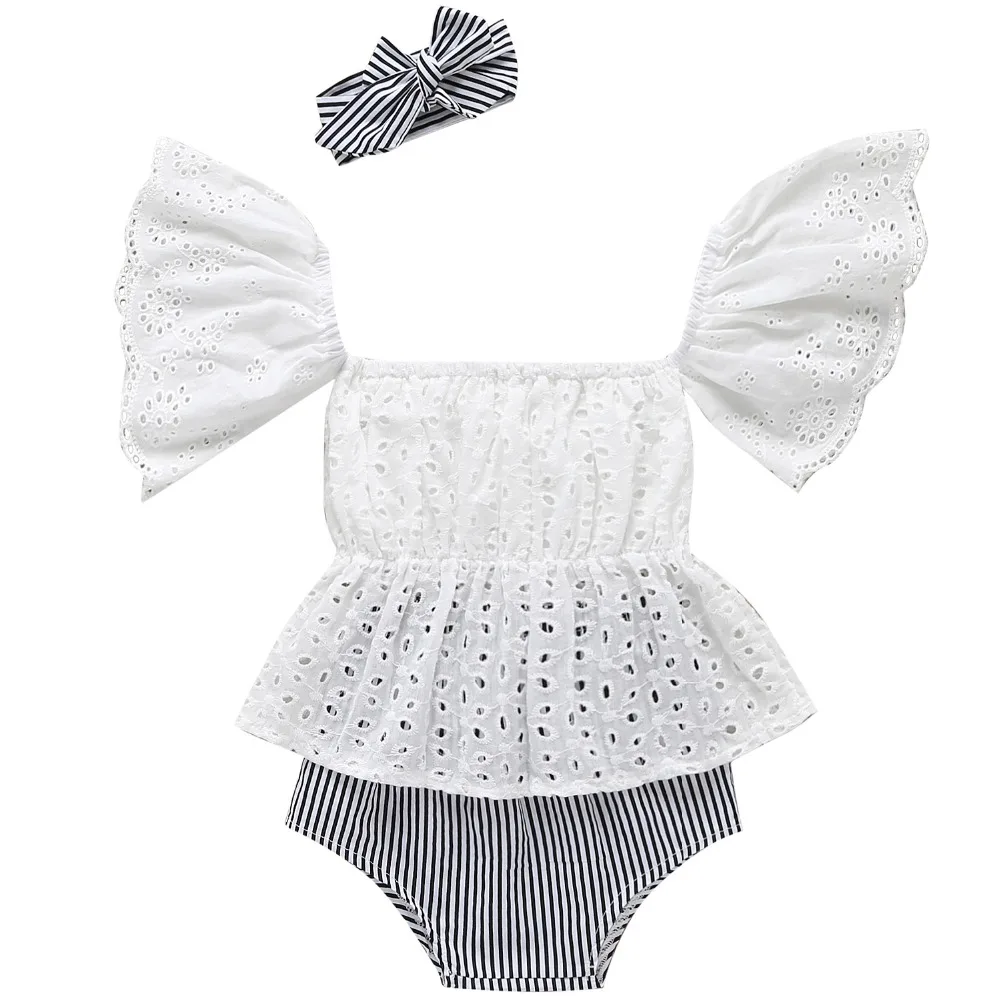 3pcs/set baby girl clothes Toddler Lace short sleeve Top+Stripe short+headband Newborn Infant clothing sets outfits