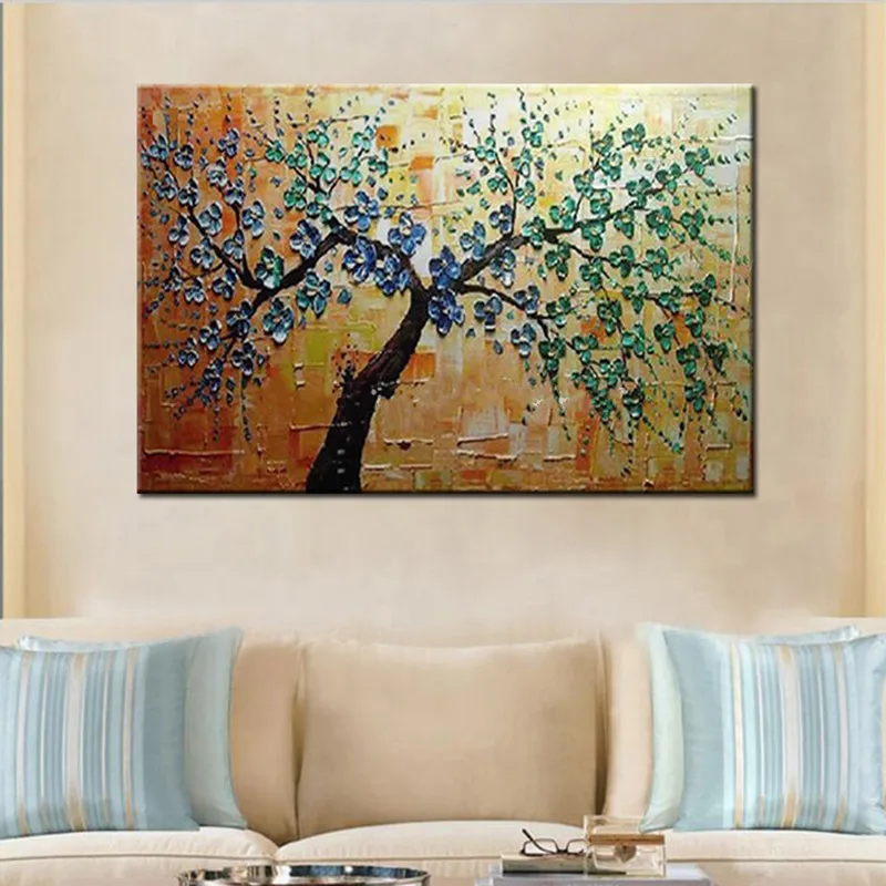 

Knife Beautiful Blue Green Floral Painting Hand Painted Abstract Flower Oil Paintings Home Decor Wall Art Pictures Large Canvas