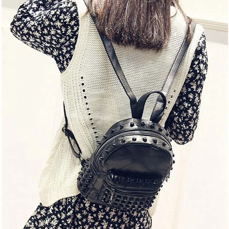 

Women Small Good Leather Backpack Rivet Daily Cute Black Backpack for Teenager Girls Schoolbag Casual Travel Rucksack