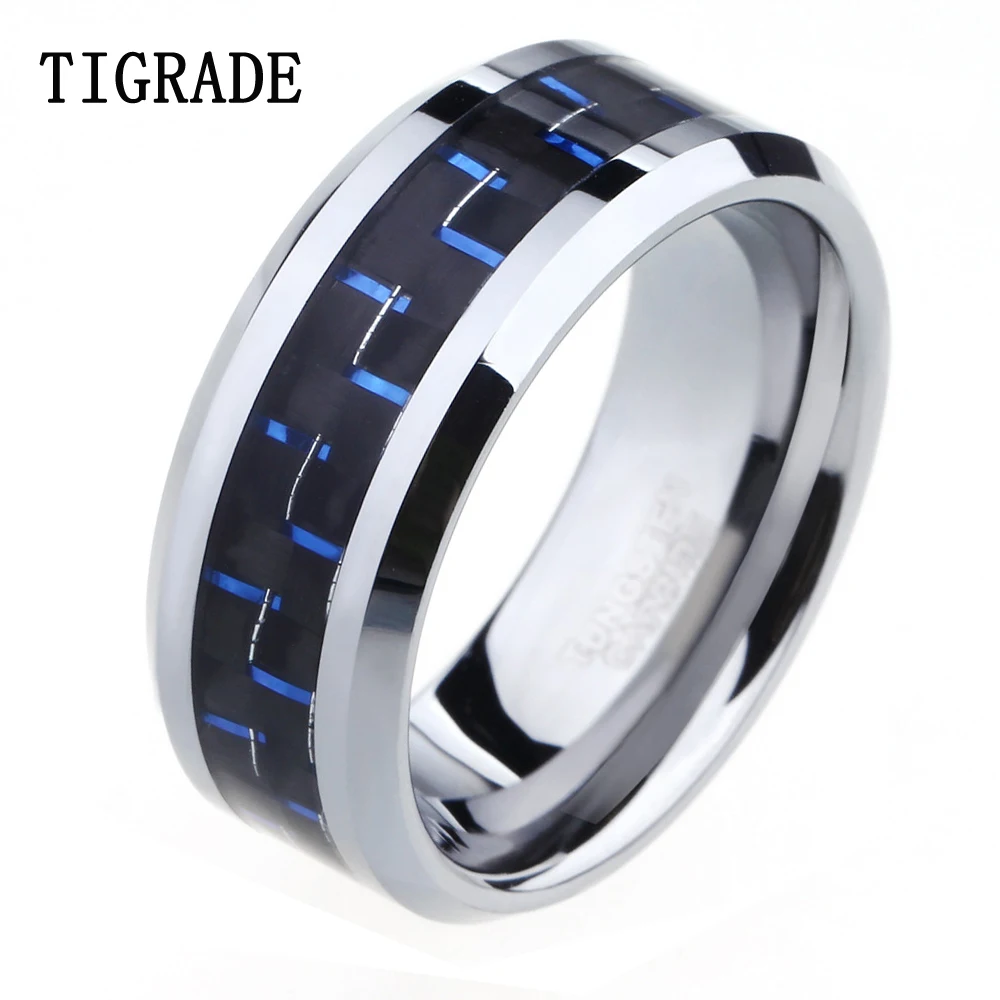 

TIGRADE 8mm High Polish Edge Black & Blue Carbon Fiber Tungsten Ring Men Wedding Band Engagement Jewelry Tail Ring Comfort Fit