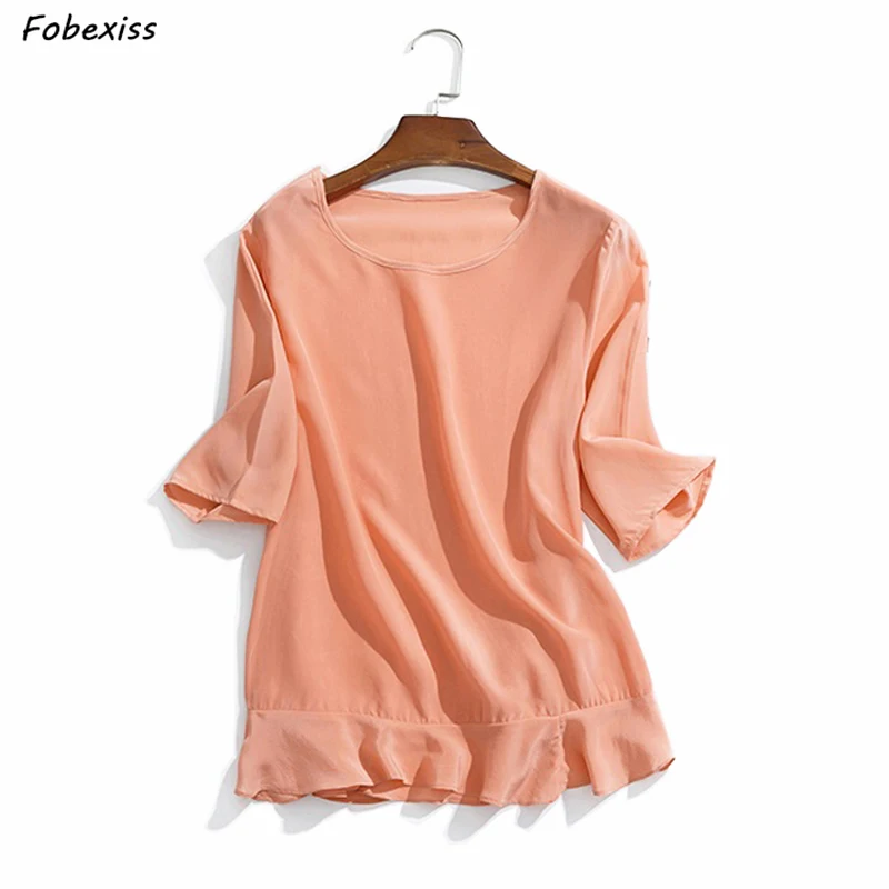 

100% Natural Silk Blouse Summer 2019 Short Sleeve O Neck Ruffles Elegant Pink Female Silk Shirt Korean Style Women Chiffon Tops