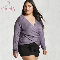 Criss Cross свитер для женщин XXXL 4XL 5XL осень 2019 г. фиолетовый с v-образным вырезом уличная одежда с длинным рукавом свитера пуловер негабаритных