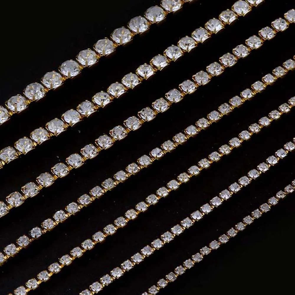 

SS6-SS24 Clear Color Gold Base Plating Glass Rhinestone Chain For DIY Jewelry Craft Apparel Sew On Accessories 9 Meters