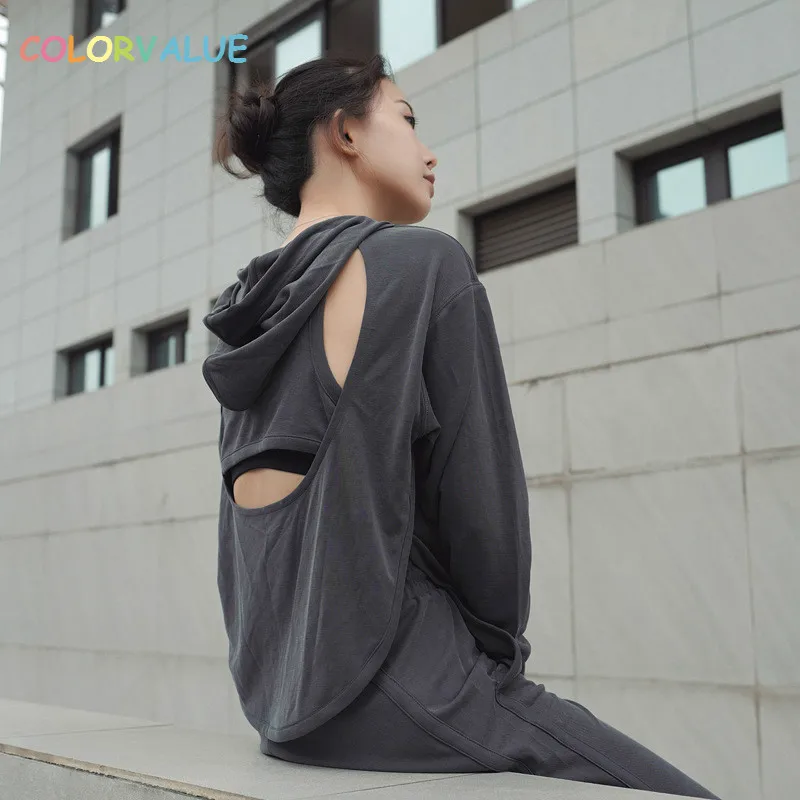 

Colorvalue Loose Hollow Out Hoodie Women Solid Fitness Sport Sweatshirts Long Sleeve Workout Gym Jersey Sportswear with Pocket