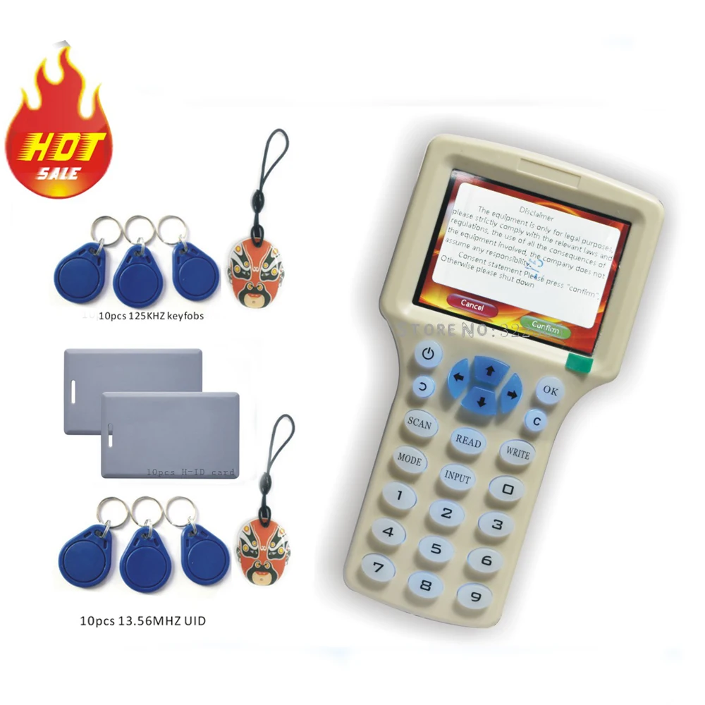

Updated version English 10 frequency RFID Copier ID/IC Reader Writer /copy M1 13.56MHZ Sector0 encrypted +30pcs 3kinds tags
