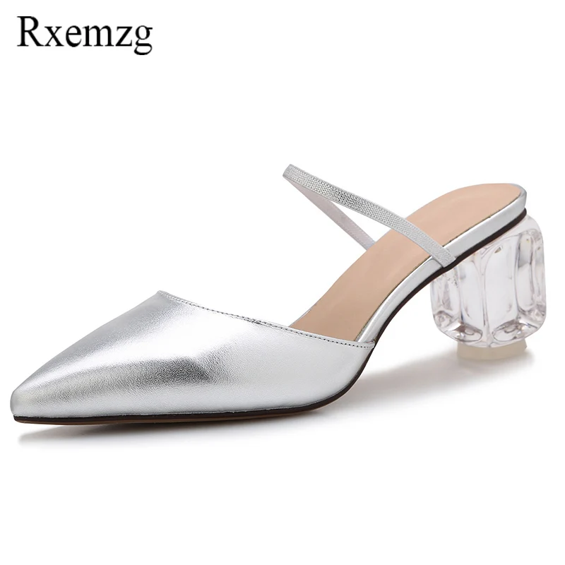 

Rxemzg summer shoe 2018 genuine leather women mules transparent crystal high heel handmade shoes woman pointed toe elegant pumps