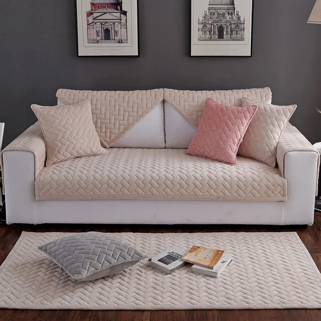 Диван Чехлы для гостиной серый кофе бежевый плюшевый мягкий диван подушка диване покрытие нескользящий современный минималистичный угловой диван полотенце - Цвет: 1PCS beige