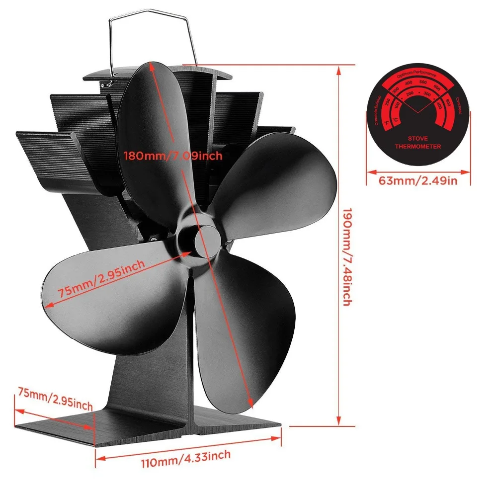 Бесшумный Управление 4-Лопастной тепла вентилятор печи для дерева/горелка бревна/камин-Эко-дружественных [Класс энергопотребления A+++] с термометр