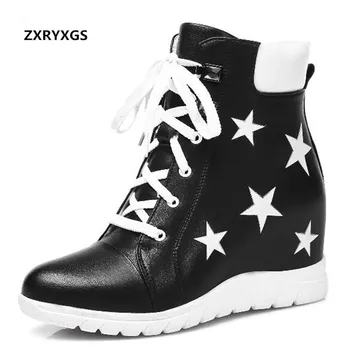

2019 New Increase Within High Heels Ankle Boots Single Real Leather Shoes Woman Boots Women Sneakers Fashion Casual Shoes Boots