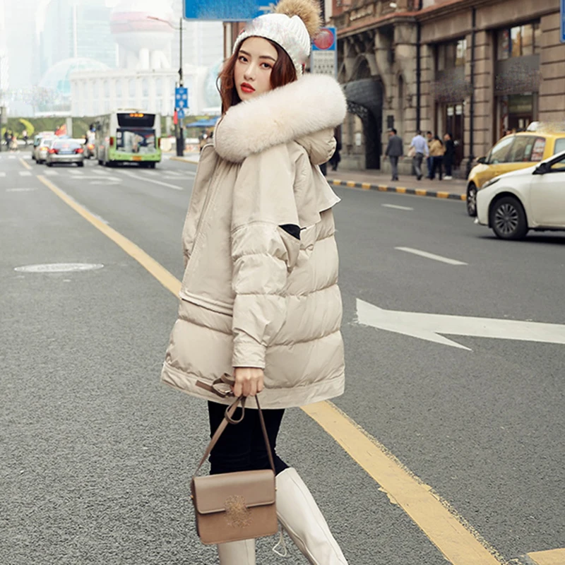 Down Jacket Natural Fox Fur Collar Winter Jacket Women Loose long Down Coat White Duck Down Jacket Thick Warm Down Parka