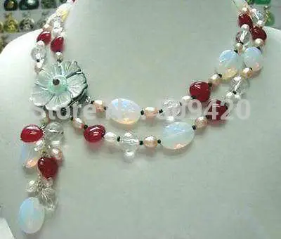 

Free ShippingBeautiful!2Rows White Pearl Moonstone Red Ruby Necklace
