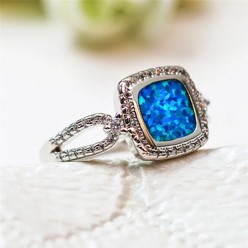 Милые женские 925 Серебряное геометрическое Кольцо Boho синий камень огненный опал кольцо обещают обручальные кольца для влюбленных женщин винтажные ювелирные изделия