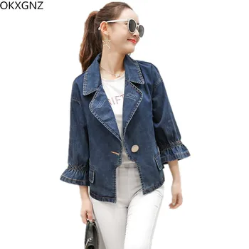 

OKXGNZ Female Short Cowboy Jacket Coat Casual Tops 2017 New Han Edition Costume 7 Minutes Sleeve Loose Plus Size Women Clothing