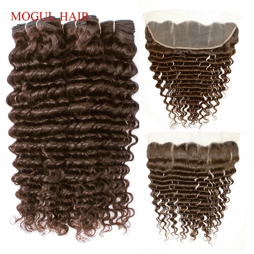 

MOGUL HAIR Chocolate Brown Color 4 Deep Wave Bundles with Frontal Indian Remy Human Hair Weft 2/3 Bundles with 4x13 Frontal