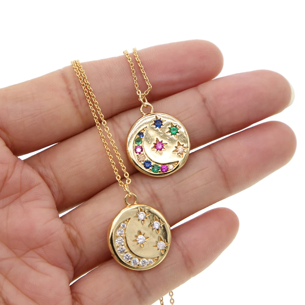

Gold filled Engraved star signet white rainbow cz paved moon star coin pendant necklace for simple classic wedding jewelry