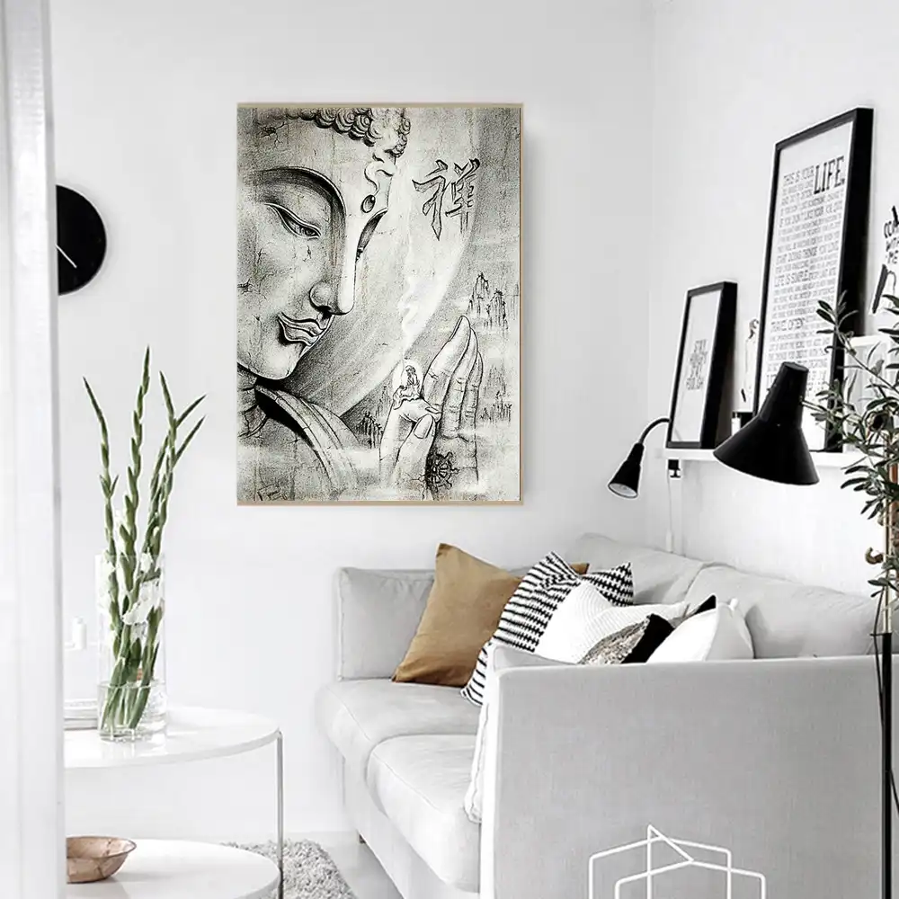 1 Piece Buddha Canvas Painting Black and White Portrait Zen Wall Art