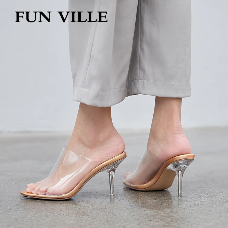 

FUN VILLE New Fashion PVC transparent Summer Women Slippers High Heels Shoes sexy ladies shoes Outside Slippers Open Toe