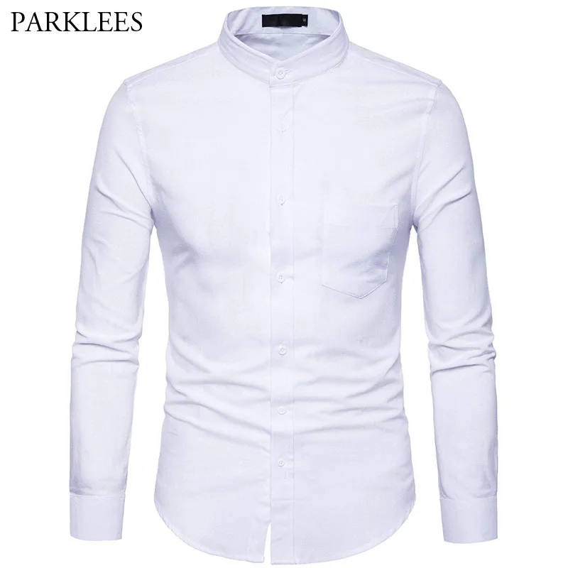 

Men's Oxford Dress Shirt Slim Fit Long Sleeve Mandarin Collar Dress Shirts 2018 Spring New Men Casual Shirt for Business Man XXL
