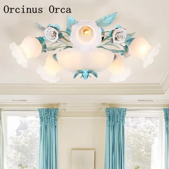 

American Pastoral Blue Flower ceiling lamp Living Room Restaurant Modern Creative LED Tieyi Rose ceiling lamp free shipping