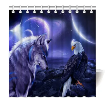 

HommomH Shower Curtain Weights Resistant Waterproof Fabric With Hooks Bathroom Wolf Eagle Star Blue