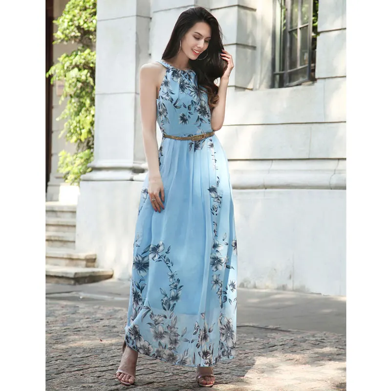 Blue Floral Print Sleeveless High Waist Long Maxi Dress