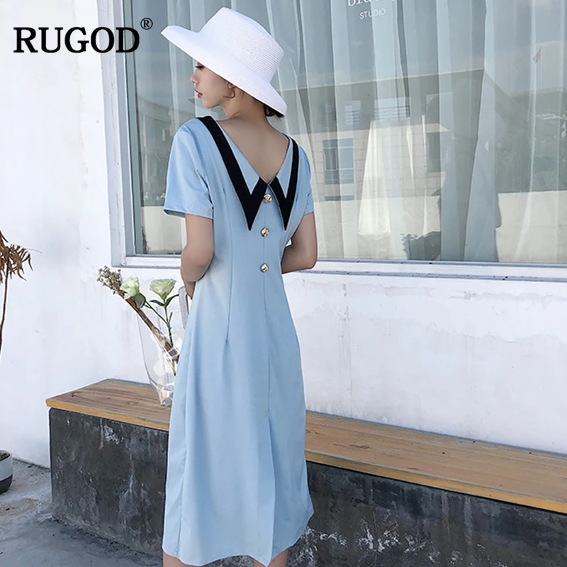 Женское винтажное платье миди RUGOD повседневное облегающее синее с разрезом и