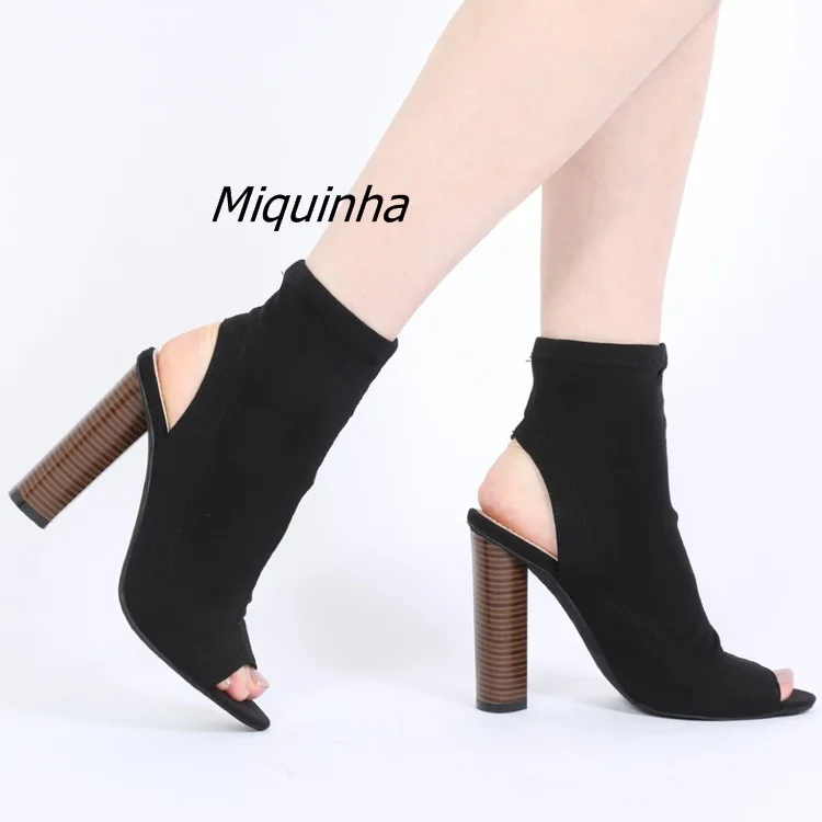 

New Arrival Trendy Black Block Heel Stretch Hose Boots Women Fashion Slim Fit Chunky Heel Dress Shoes Sexy Slingback Booties