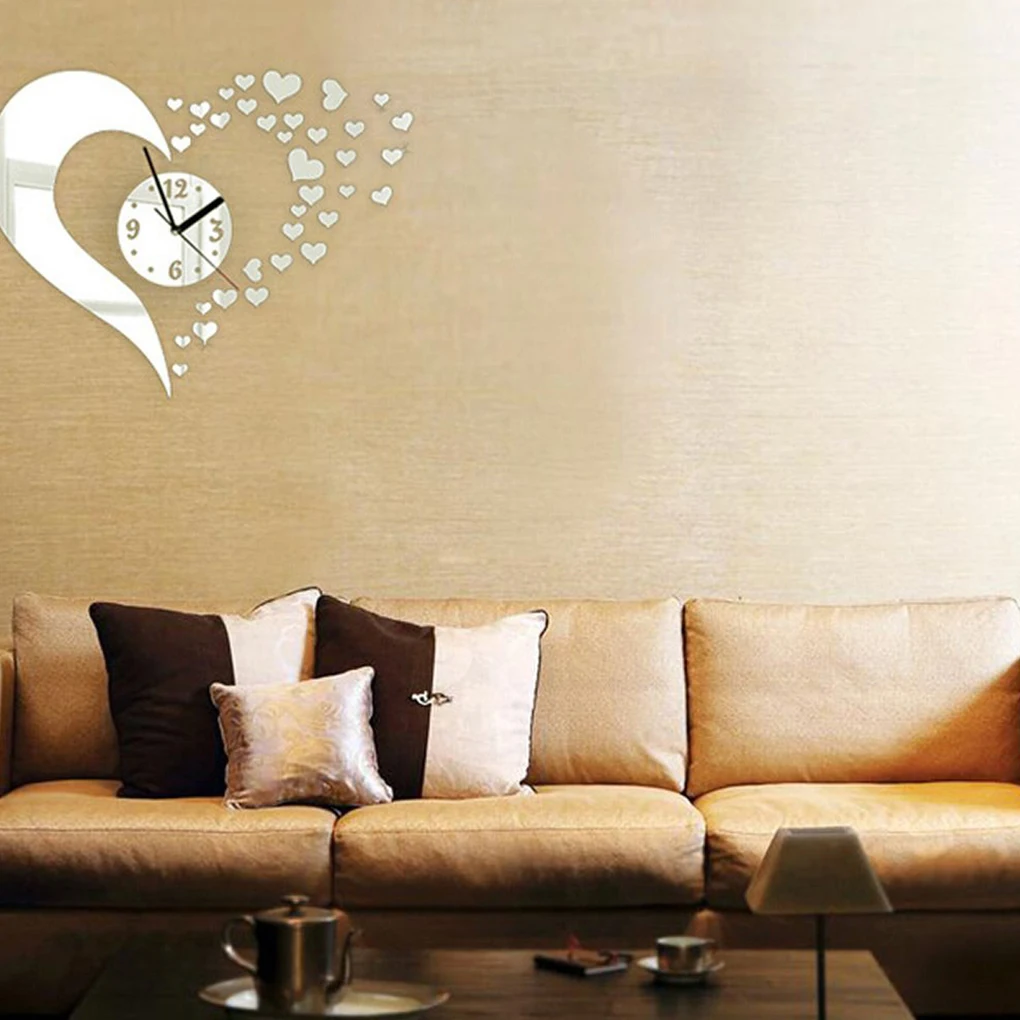 buy Heart Shaped DIY Home Modern 3D Mirror Crystal Wall Clock Timer Bell Love Sticker Drawing Living Room Decoration