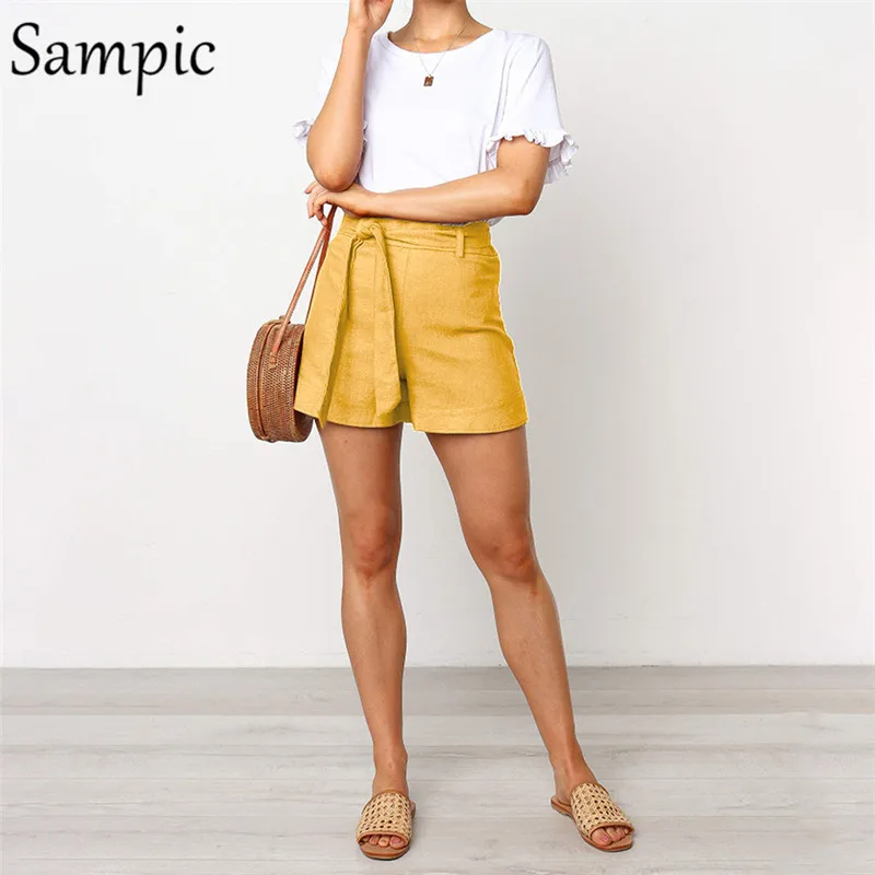 Sampic летняя с высокой талией шорты женские желтые синие кружевные короткие брюки женские повседневные уличные женские шорты