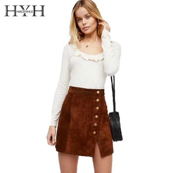 

HYH HAOYIHUI European And American Retro High Waist Slim Asymmetric Metal Button Decorative Open Suede Mini Skirt