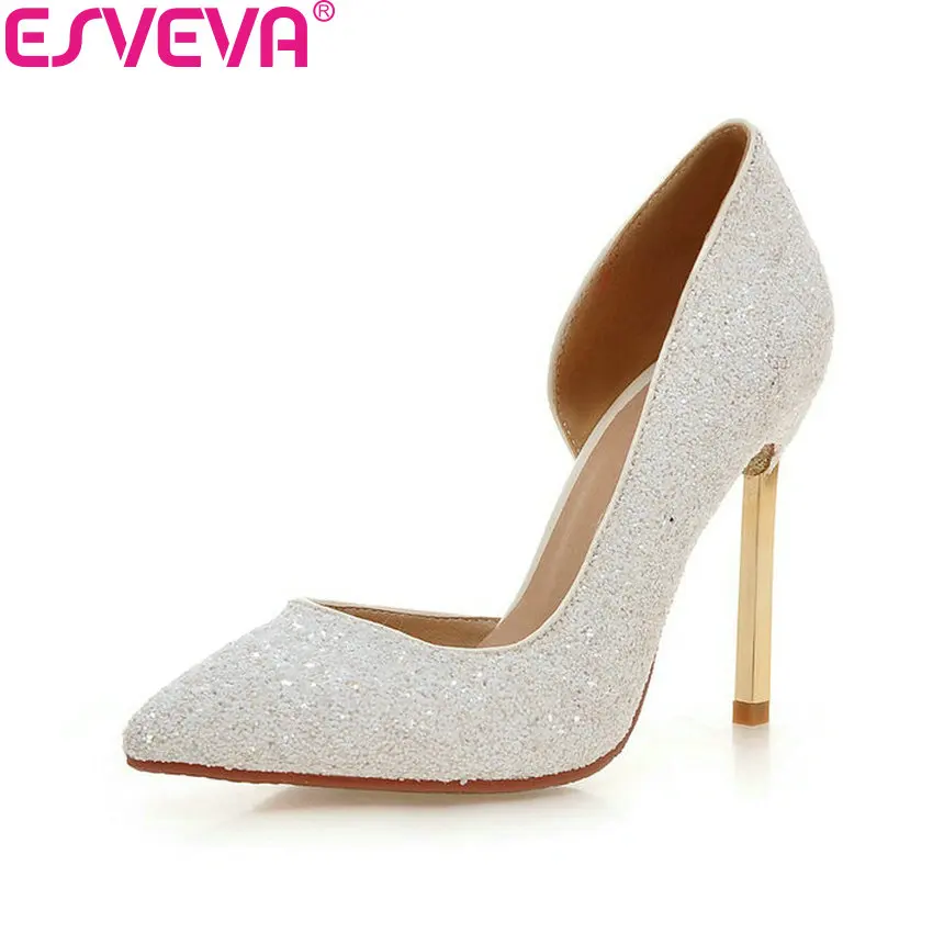 

ESVEVA 2018 Women Pumps Shoes Sexy Blingbling PU Elegant Slip on Thin High Heels Pointed Toe Party Ladies Pumps Shoes Size 34-43