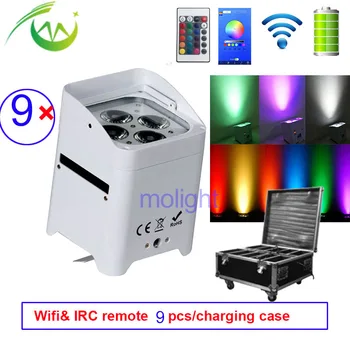 

9pcs/Charging Case Battery Power Uplighting 4*18w RGBWA UV Wireless DMX Par IRC Remote Wedding Uplights LED DJ Disco Party Par